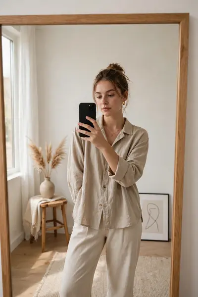 Aesthetic mirror selfie pose, neutral tone outfit, minimalist room background, soft natural light