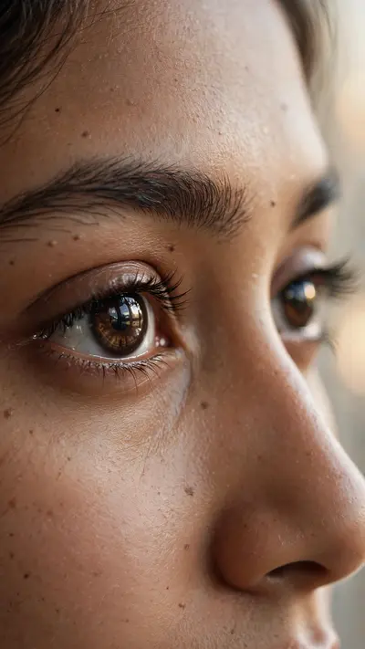 Create an ultra-realistic extreme close-up portrait of a beautiful young Indian woman, focusing primarily on her expressive eyes. Capture highly