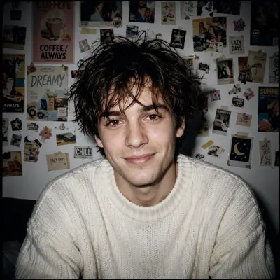 Without changing his original face, create a portrait of a young man captured with a 1990s-style camera using a direct front flash. His messy dark