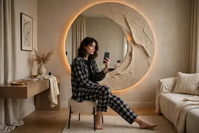 Transform this mirror selfie into a stylish editorial fashion scene. Replace the existing mirror with a large sculptural circular mirror featuring a