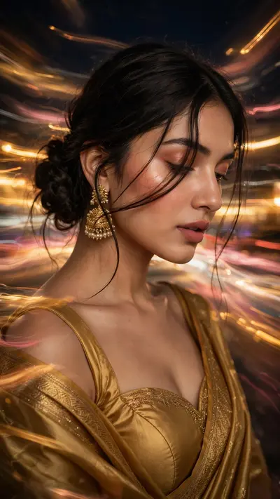 Create a portrait with intentional motion blur, like a long-exposure shot, framed moderately close rather than an extreme close-up. She wears a