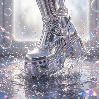 Dreamy nostalgic Y2K digital art scene featuring a chrome platform boot stomping a puddle, surrounded by bubbles and sparkle. Frosted window daylight