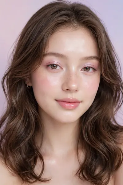 Transform this photo into a glowing skin, soft studio-lit portrait of a girl with aesthetic makeup, pastel background, Instagram-ready look