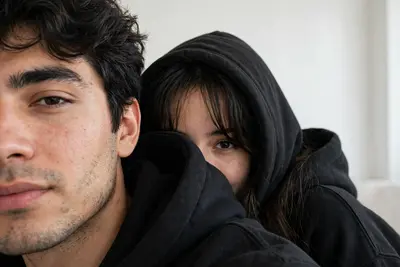 Ultra-realistic close-up couple selfie, only half the man’s face visible on the left, while the woman hides shyly behind his shoulder, showing one