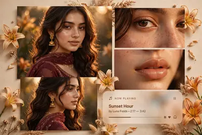 A warm-toned cinematic portrait collage of a young woman with soft glowing skin, subtle freckles, and glossy nude lips. She has long dark brown hair