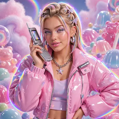 a pop star posing with a silver flip phone captured in candy-coated 2000s commercial art, striking a confident pose. Iridescent rainbow rim light