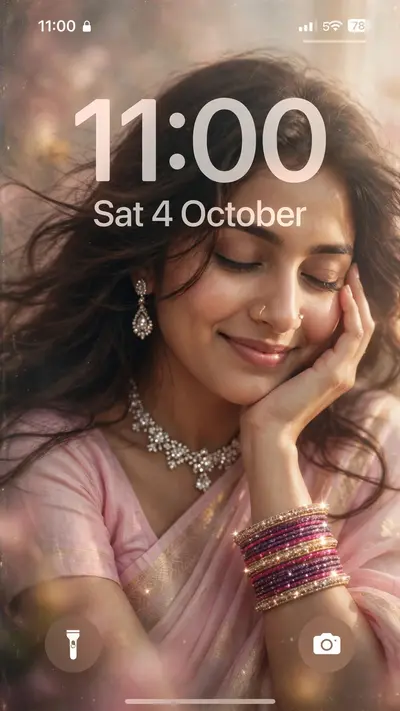 Create a screenshot of an iPhone lock screen featuring a dreamy, ethereal extreme close-up portrait of a woman. The lock screen UI displays the date