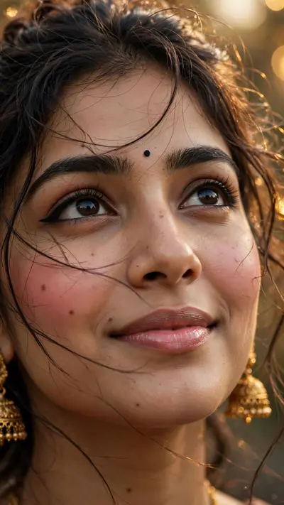 Create an extreme macro close-up portrait of the same woman from the uploaded image. Preserve her exact original face, facial features, skin tone