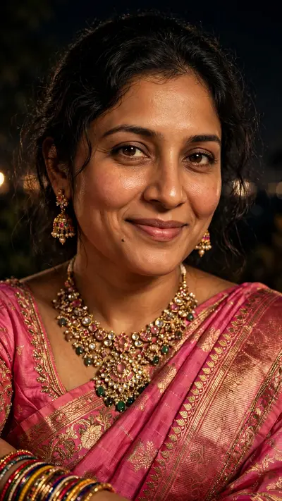 Create a highly realistic photo based on the FIRST uploaded image as the exact reference for the composition, pose, saree, jewelry, lighting, camera