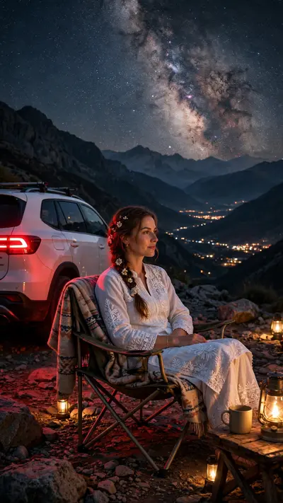 Transform my uploaded photo into an ultra-realistic cinematic nighttime mountain scene. STRICT IDENTITY & OUTFIT LOCK: Keep the person's face, facial