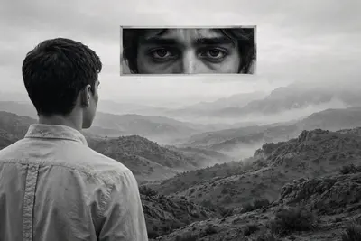 A monochrome, surreal artistic composition featuring a young male seen from behind, positioned on the left side of the frame. He has short, dark hair
