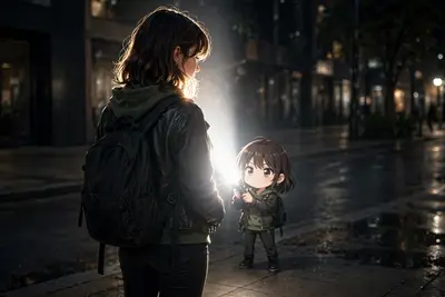Transform the main subject into a small full-body anime/cartoon version of themselves, matching their hairstyle, outfit, accessories, colors, and