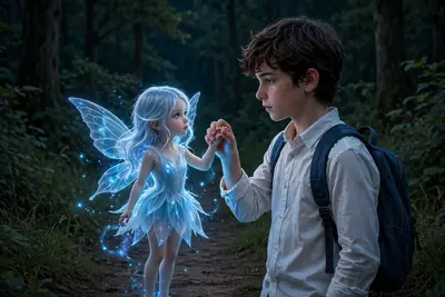 Use the uploaded image as the exact reference trame. Keep the boy, face direction, pose, white shirt, hand position, background trees, night