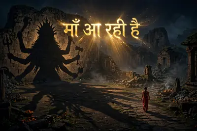TEXT REVEAL – FINAL MOMENT: As the woman continues walking, the camera slowly pulls back to reveal more of Maa Kali’s enormous shadow. At the final