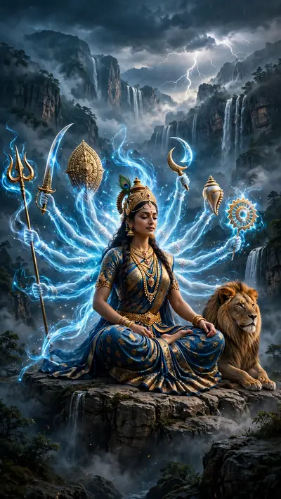 A wide cinematic hero shot of an Indian goddess sitting cross-legged on a cliffside next to a calm lion. Brilliant pulses of electric blue celestial