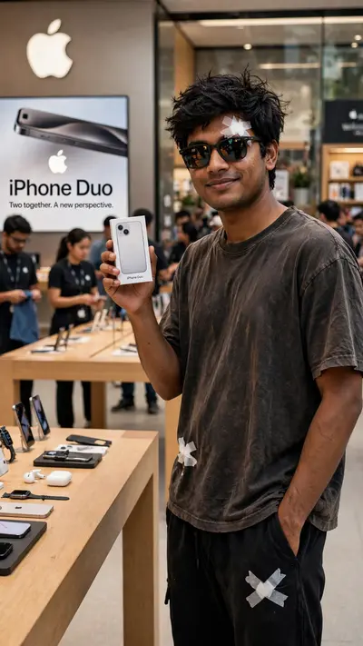 Create an ultra-realistic candid photograph of a young South Asian man standing inside a modern Apple Store, photographed vertically in a 9:16 aspect