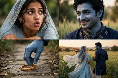 Cinematic video, resolution. The blue-skinned man offers the yellow mango to the woman, but she playfully turns her head away, pouting and crossing