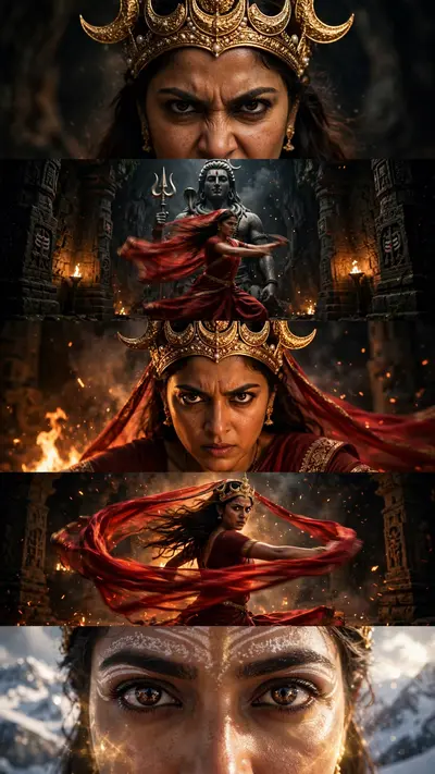 Create a 10-second cinematic high-fantasy Indian mythology video in 9:16 vertical format, 1080x1920, 24fps. Use OmniFlash. Continue with the same