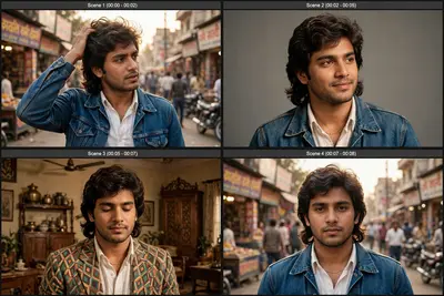* Scene 1 (00:00 - 00:02): Medium shot, 1980s South Asian young man with a wavy mullet, wearing a denim jacket over a white collared shirt and a thin