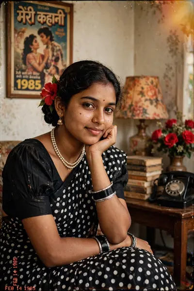 vintage 1980s retro portrait of a young South Asian woman sitting gracefully indoors, leaning her chin on her hand with a subtle smile. She is