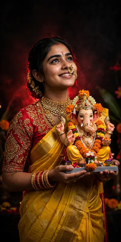 A high-quality studio portrait of a young Indian woman, same person as the uploaded image, holding a colorful, realistic Lord Ganesha idol during