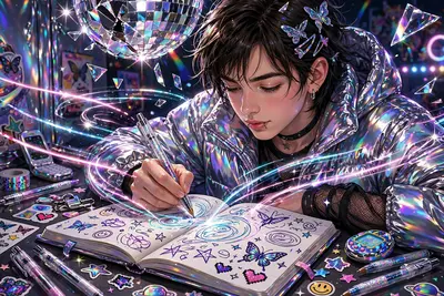 a gel-pen artist doodling in a diary in iridescent chrome-futurist illustration, frozen in a flash of early-2000s magic. Disco-ball light shards