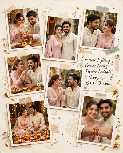 Create a beautiful ultra-realistic Raksha Bandhan 2026 photo collage using the uploaded reference photos of the brother and sister. STRICT IDENTITY