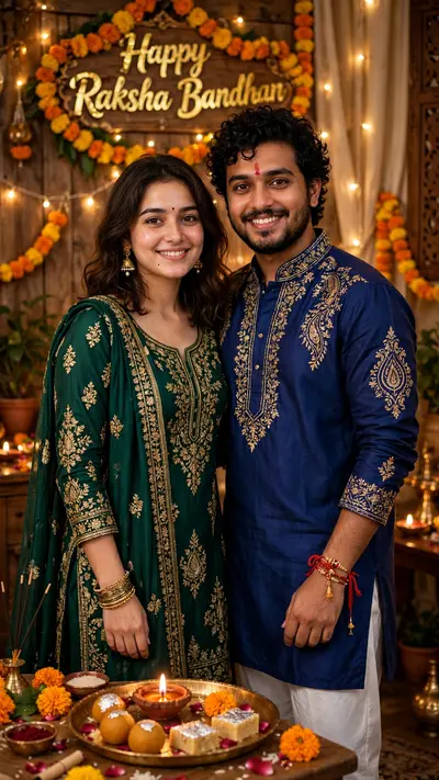 Ultra-realistic cinematic vertical 9:16 Raksha Bandhan family photo using the two uploaded reference images. Use the first image for the sister and