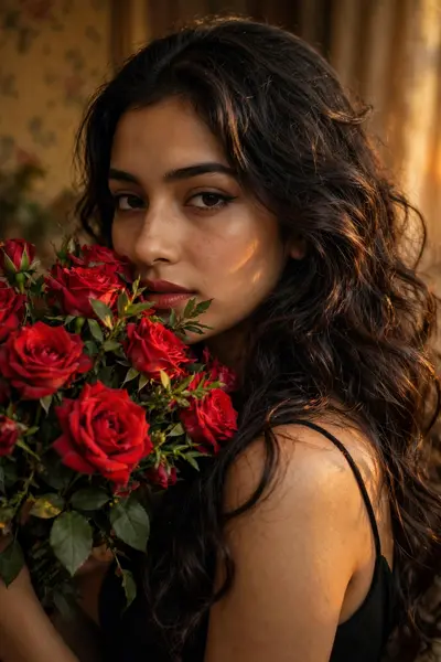 Create an ultra-realistic cinematic portrait of a young South Asian woman in a warm, romantic, vintage-inspired setting. She is shown in a close-up