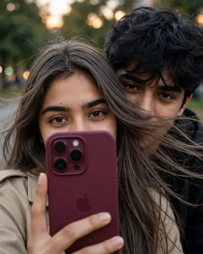 Create an ultra-realistic candid smartphone selfie of a young South Asian couple standing very close together outdoors under natural evening light