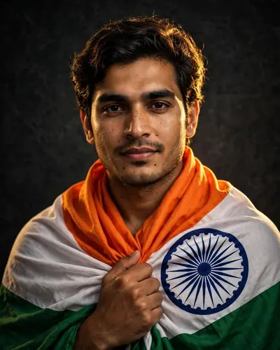 Ultra-realistic cinematic studio portrait of a stylish person wrapped gracefully in the Indian National Flag, holding the flag close to the chest