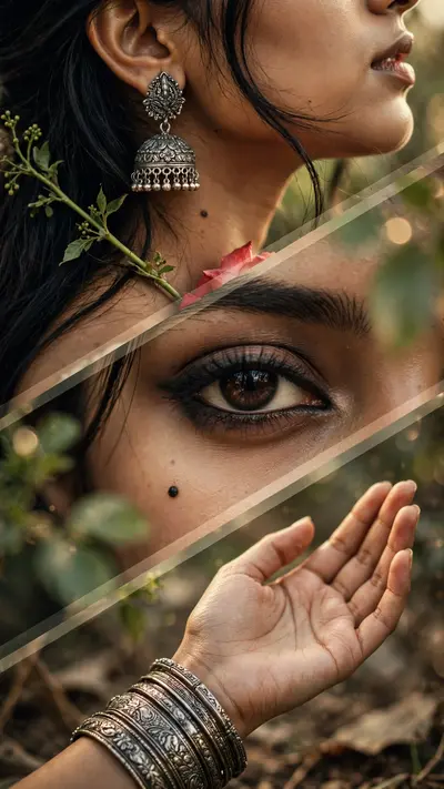 Exclusive cinematic three-panel diagonal collage of a young South Asian woman. Top panel: extreme close-up of her ear, neck, and long black hair with