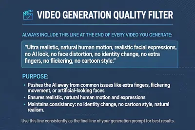 Add this line at the end of every video you generate, no matter how many times you generate it. “Ultra realistic, natural human motion, realistic