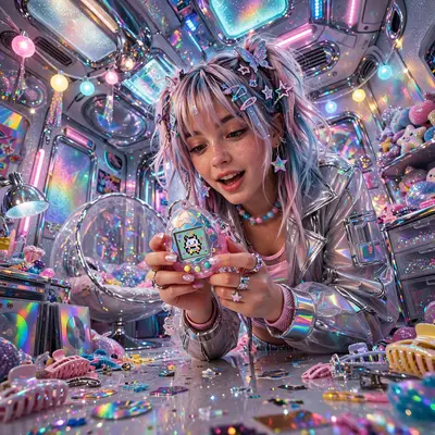 frosted-glass futurism illustration snapshot of a tamagotchi-obsessed girl in a glitter bedroom, pure millennium-era energy. Candy-colored practical
