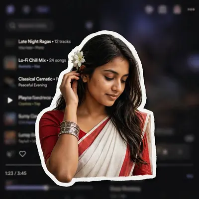 A digital collage style image. In the foreground, a young South Asian woman is cut out with a thick white sticker-like outline. She is wearing a