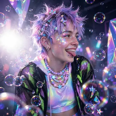 Dreamy glossy Y2K digicam aesthetic scene featuring a rave kid glowing under blacklight, surrounded by bubbles and sparkle. Pastel gradient glow give