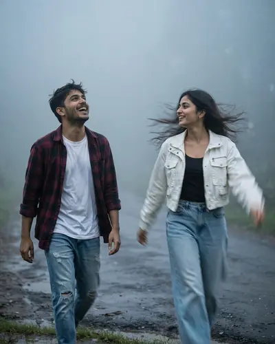 Young Indian couple walking toward each other on a wet asphalt road engulfed in thick monsoon fog, man in a maroon and black flannel shirt open over