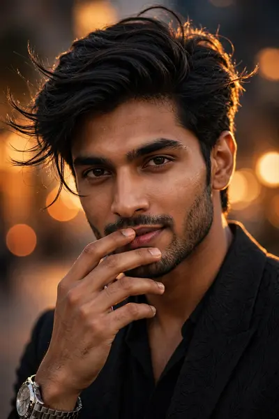 Ultra-realistic cinematic DSLR portrait of a handsome young Indian man wearing a premium black fitted shirt with a subtle luxury texture, close-up