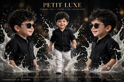 Ultra-realistic luxury toddler fashion poster, cute baby boy, three stylish poses, textured dark hair, bright eyes, adorable smile, black linen