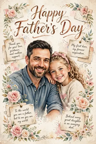 Create a heartwarming Father's Day greeting poster in a soft watercolor and scrapbook style. Feature a loving father and daughter standing together