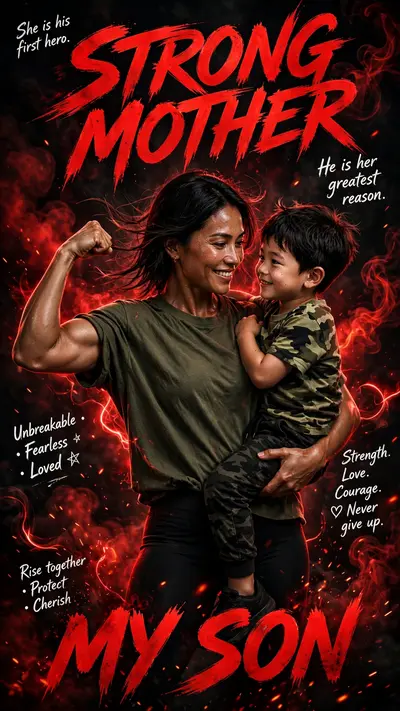 Hyper-realistic cinematic motivational poster of a fearless mother carrying her little son in her arms, emotional and powerful connection, both