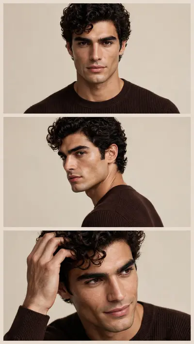 Ultra realistic male beauty collage, vertical 3-panel photo layout, 9:16 aspect ratio, three different poses in stacked frames, luxury men's fashion