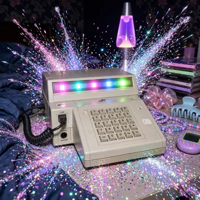 High-shine nostalgic Y2K digital art artwork of a dial-up modem glowing in a dark bedroom, glitter exploding around the frame. Neon-sign pastel wash
