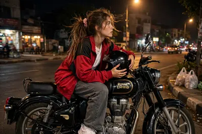 A REALISTIC OUTDOOR NIGHTTIME HANDHELD SMARTPHONE PHOTO, RANDOM CANDID AND UNPOSED, FEATURING THE GIRL FROM THE UPLOADED IMAGE. SHE IS SITTING
