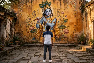 HYPER-REALISTIC CINEMATIC photography of a young Indian man standing with his back to the camera, facing a massive hyper-realistic Lord Krishna mural