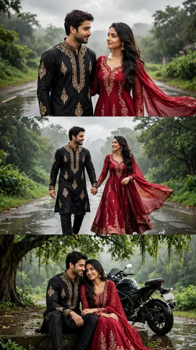 Use the reference couple with their exact faces unchanged, creating a 9:16 ultra-realistic romantic rainy-day cinematic 3-frame collage: standing