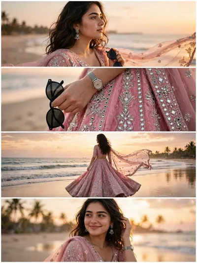 Ultra-realistic DSLR cinematic beach photoshoot collage featuring the SAME girl from the uploaded reference image (100% face match). Use the uploaded