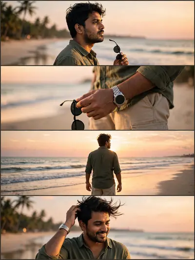 Ultra-realistic DSLR cinematic beach photoshoot collage featuring the SAME person from the uploaded reference image. Preserve the face identity with