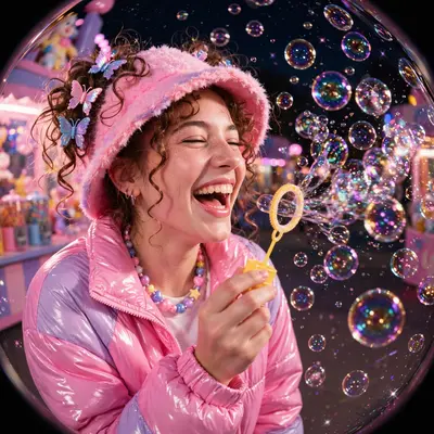 candy-coated 2000s commercial art moment with a bubble-wand blowing iridescent spheres, caught mid-laugh in flash-lit glory. Soft bubblegum-pink key