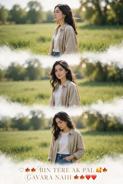 A cinematic vertical triptych collage featuring the same young woman standing alone in a lush green field during bright natural daylight. The collage